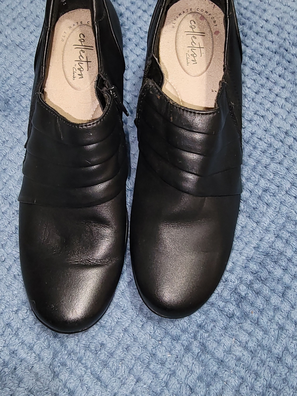 Clarks Black Leather Ankle Booties with Pleated Vamp